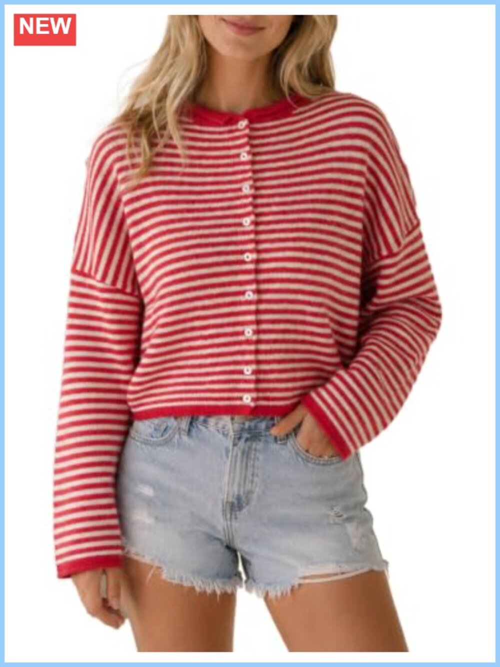 Women's Striped Knit Cardigan Button Up Roll Neck Long Sleeve Sweater